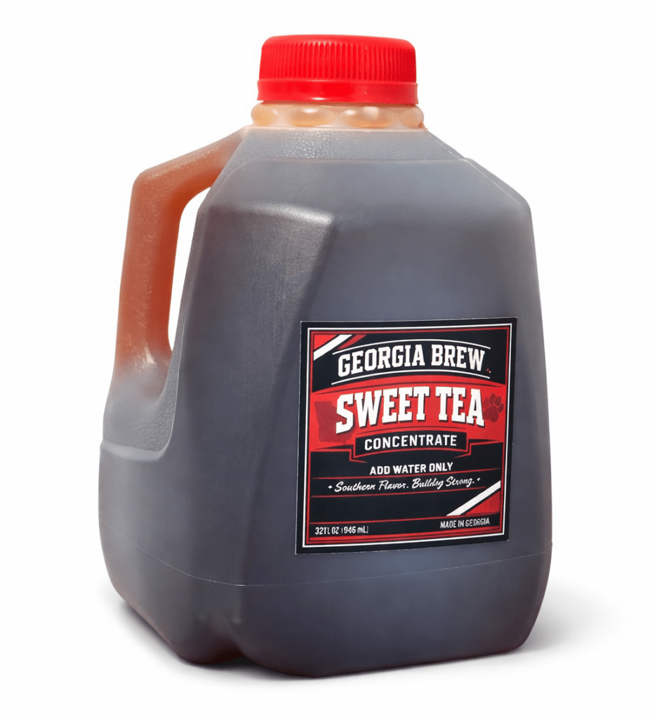 Southern sweet tea concentrate packaged in a 946 ml bottle, proudly made in Georgia, featuring Georgia Brew branding and logo.