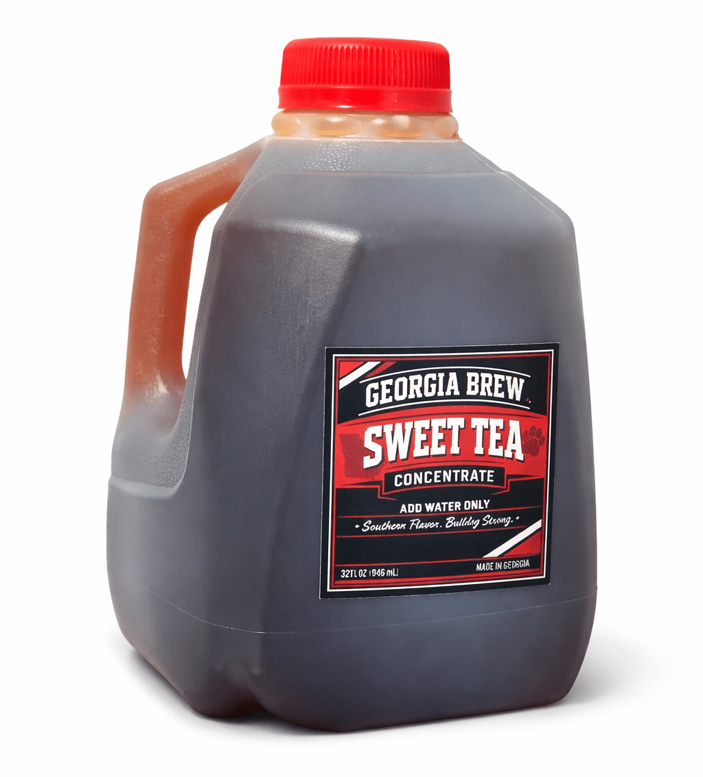 Southern sweet tea concentrate packaged in a 946 ml bottle, proudly made in Georgia, featuring Georgia Brew branding and logo.